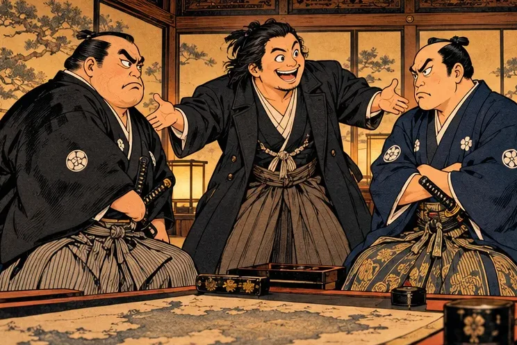 Sakamoto RyÅma in a long coat and boots talking two stern domain lords into shaking hands