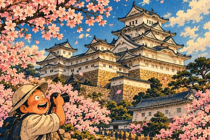 A gleaming white Himeji Castle at sunrise with cherry blossoms and a tiny tourist taking photos