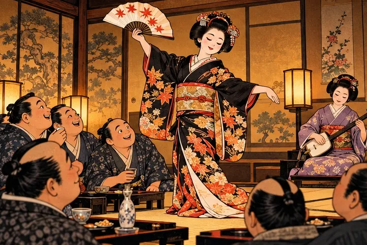 A teahouse room with a geiko dancing and guests clapping along