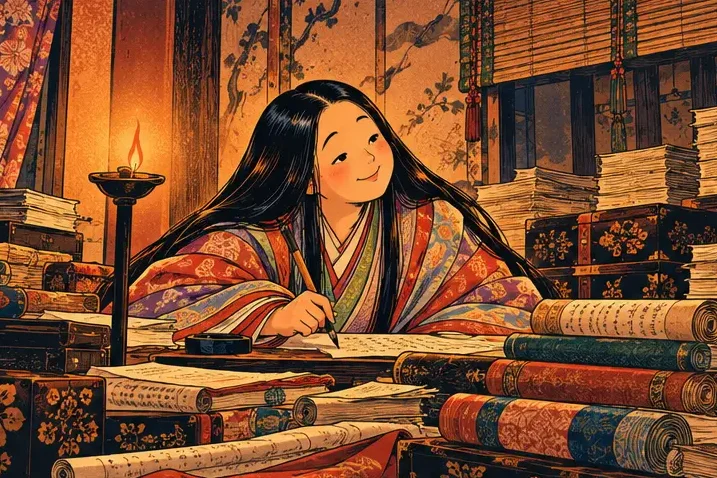 A lady-in-waiting writing a long scroll at midnight by lamplight