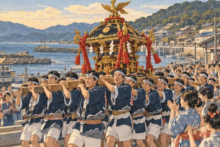 A community festival returning after a disaster, with volunteers carrying a portable shrine