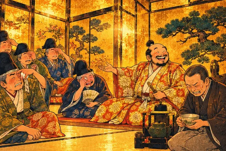 A glittering golden tea room with Hideyoshi proudly serving tea and guests squinting