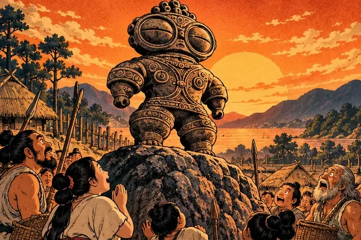 A dramatic dogū figurine with goggle-like eyes striking a heroic pose