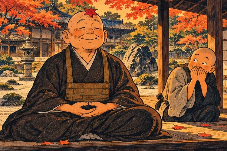 A Zen monk sitting very still while a leaf lands exactly on his head