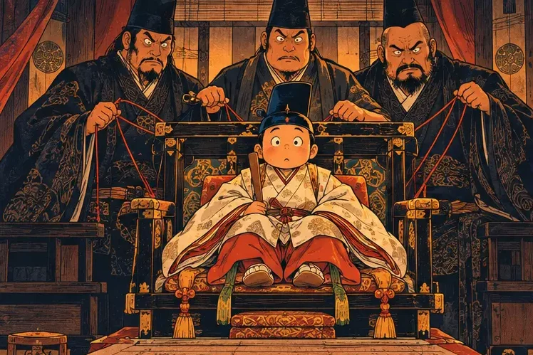 Hōjō regents sitting behind a small shogun puppet in an oversized chair