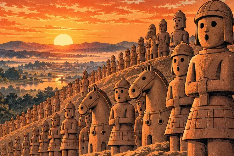 A row of haniwa figures with blank, cheerful faces guarding a tomb