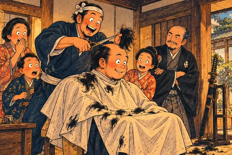A samurai having his topknot cut by a barber as his family looks on, half-proud, half-horrified