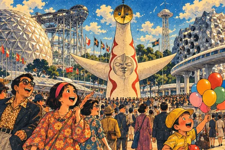 The Tower of the Sun at Expo 70 with a crowd of visitors in 1970s fashions