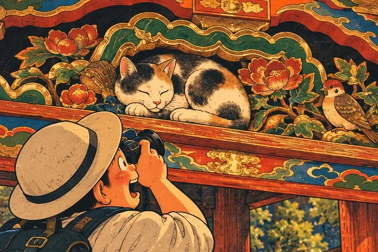 A carved cat asleep above a doorway while a sparrow plays unbothered nearby