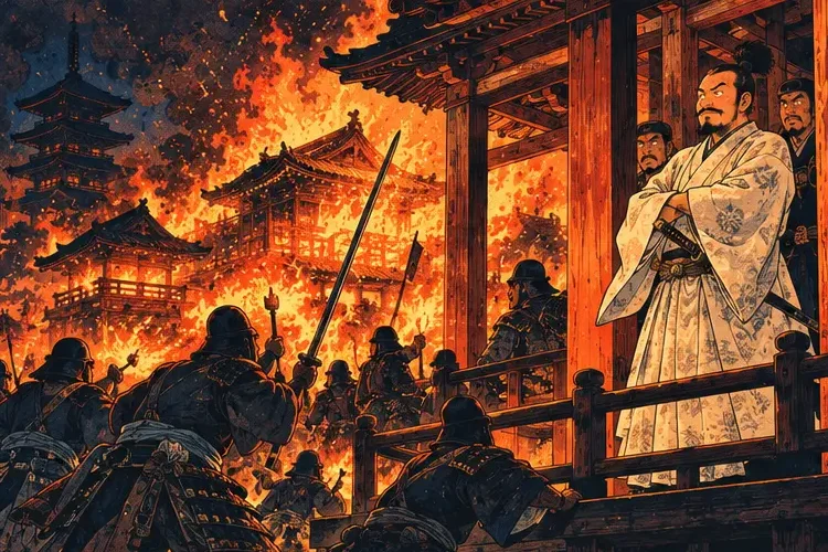 A burning temple at night with Nobunaga calmly standing among the flames