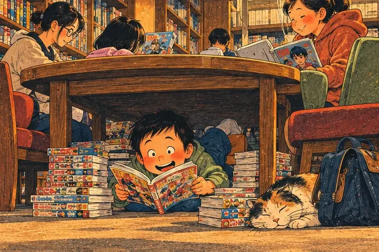A cheerful crowd in a library full of manga with a child reading under the table
