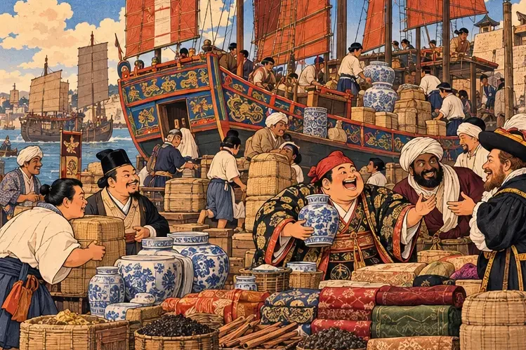 A busy Ryūkyū trading ship loaded with silk, spices and porcelain in Naha harbour