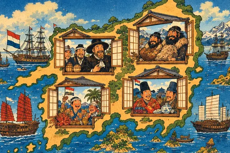 A map of Japan with four little windows opening to the north, west, south and east