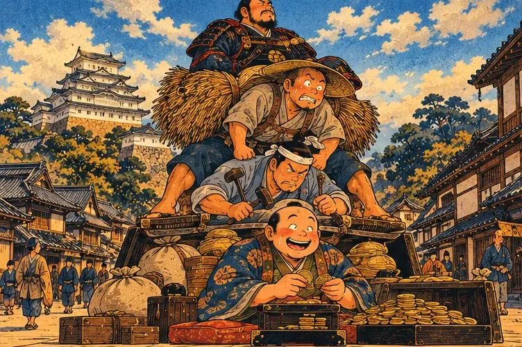 Four figures (samurai, farmer, craftsman, merchant) stacked as a human pyramid, the merchant smirking at the bottom