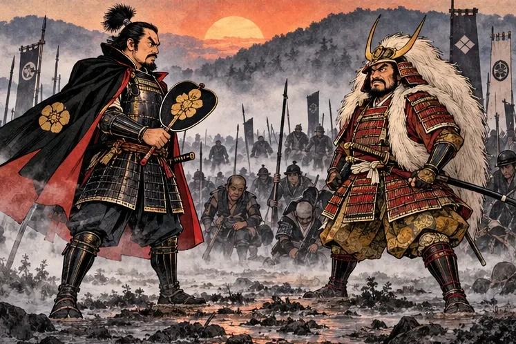 Two rival warlords facing each other across a misty river, one with a war fan and one with a sword