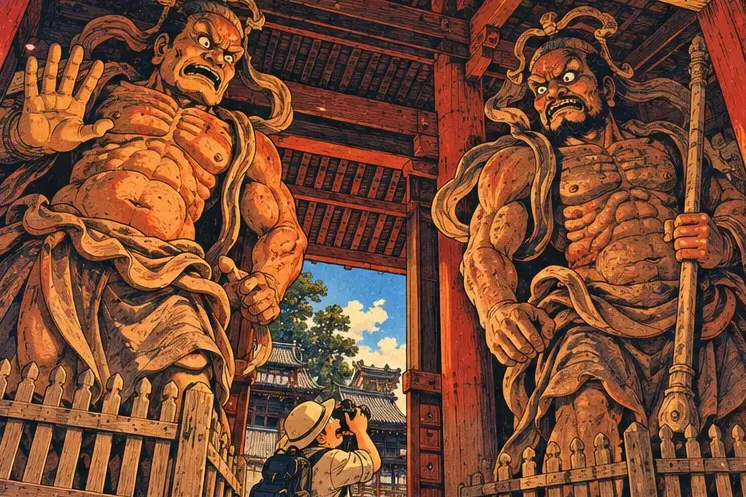 Two enormous muscular temple guardians frowning at a tiny visitor with a camera