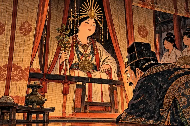 Queen Himiko seated mysteriously behind a screen while an envoy bows